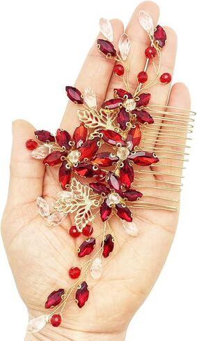 BETITETO Red Crystal Bridal Hair Piece with Comb Gold Vine Flower Hair Accessories for Wedding Women Girls in Saudi Arabia