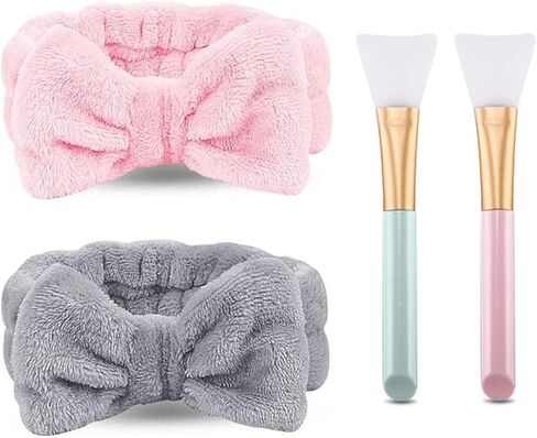 عصابات رأس سبا من NYKKOLA مكونة من قطعتين، عصابة رأس مرنة من الصوف المرجاني مع 2 فرشاة قناع وجه من السيليكون، للنساء والفتيات اللاتي يغسلن الوجه والعناية بالبشرة والرياضة. (رمادي، وردي) in Kuwait