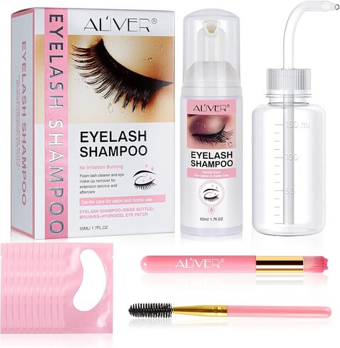 شامبو لاش لوصلات الرموش، منظف لوصلات الرموش، منظف للرموش، غسول للرموش، حمام للرموش، منظف للرموش، مع زجاجة شطف وفرش رموش للتنظيف، 10 أزواج من رقع رموش ممتدة تحت العين، للاستخدام في الصالونات والمنزل، 50 مل in Kuwait