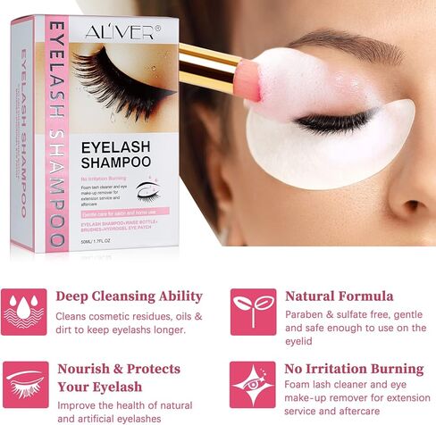 شامبو لاش لوصلات الرموش، منظف لوصلات الرموش، منظف للرموش، غسول للرموش، حمام للرموش، منظف للرموش، مع زجاجة شطف وفرش رموش للتنظيف، 10 أزواج من رقع رموش ممتدة تحت العين، للاستخدام في الصالونات والمنزل، 50 مل in Kuwait