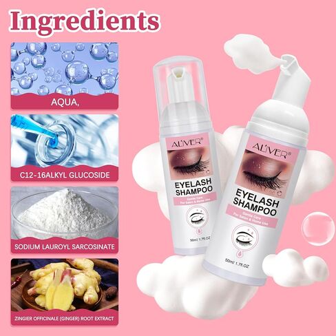 شامبو لاش لوصلات الرموش، منظف لوصلات الرموش، منظف للرموش، غسول للرموش، حمام للرموش، منظف للرموش، مع زجاجة شطف وفرش رموش للتنظيف، 10 أزواج من رقع رموش ممتدة تحت العين، للاستخدام في الصالونات والمنزل، 50 مل in Kuwait