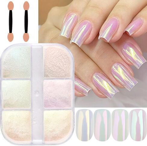 2 Jars White Pearl Nail Powder Pearlescent Nail Pigment High Gloss Glitter Aurora Nail Art Glitter Sequins Chrome Iridescent Pigment DIY Sparkly Paillette Charm Flakes Gel Polish Nail Decorations in Kuwait