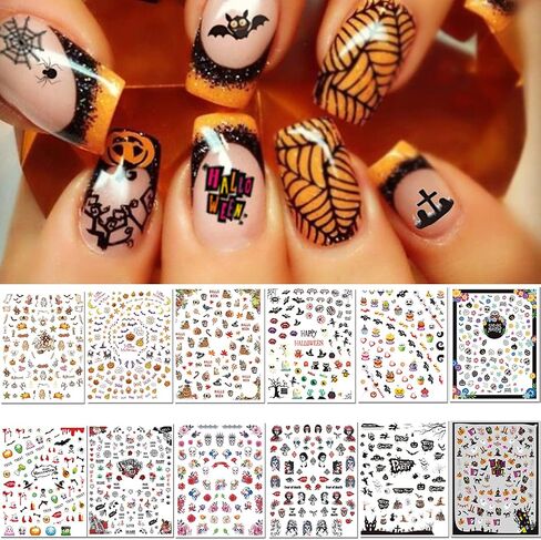1000 Pcs Halloween Nail Decals Stickers, Self-adhesive DIY Nail Art Tips Stencil for Halloween Party, Include Pumpkin/Bat/Ghost/Witch (12 Sheets) in Kuwait