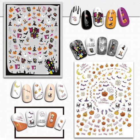 1000 Pcs Halloween Nail Decals Stickers, Self-adhesive DIY Nail Art Tips Stencil for Halloween Party, Include Pumpkin/Bat/Ghost/Witch (12 Sheets) in Kuwait