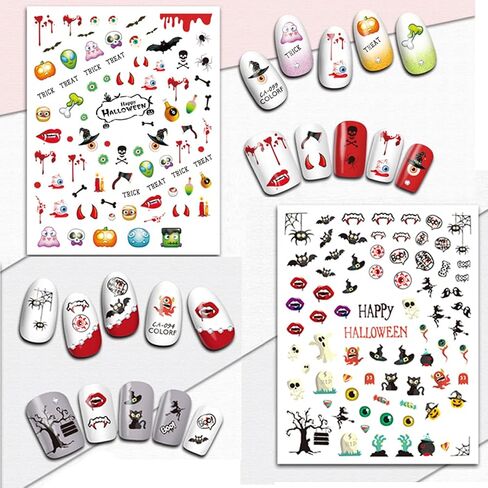 1000 Pcs Halloween Nail Decals Stickers, Self-adhesive DIY Nail Art Tips Stencil for Halloween Party, Include Pumpkin/Bat/Ghost/Witch (12 Sheets) in Kuwait