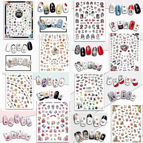 1000 Pcs Halloween Nail Decals Stickers, Self-adhesive DIY Nail Art Tips Stencil for Halloween Party, Include Pumpkin/Bat/Ghost/Witch (12 Sheets) in Kuwait