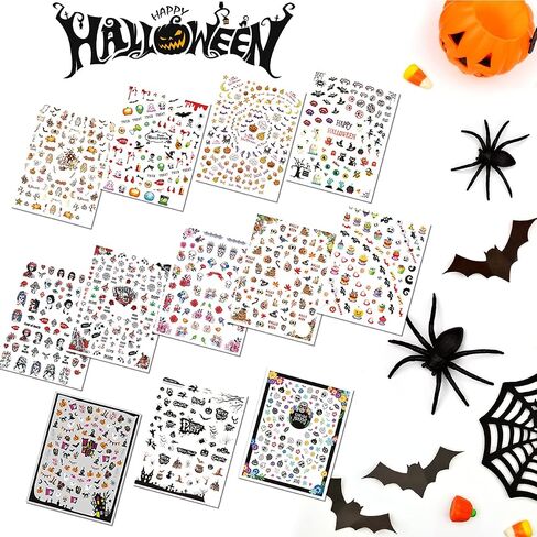 1000 Pcs Halloween Nail Decals Stickers, Self-adhesive DIY Nail Art Tips Stencil for Halloween Party, Include Pumpkin/Bat/Ghost/Witch (12 Sheets) in Kuwait