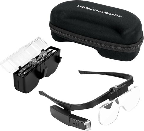 نظارات مكبرة للرأس من AZFUNN، عدسة مكبرة للرأس بدون استخدام اليدين مع أضواء، قابلة لإعادة الشحن، 3 عدسات قابلة للفصل، حقائب تخزين، مكبرة رأس LED لهوايات العمل والحرف اليدوية in Kuwait