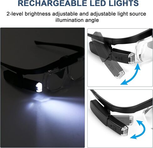 نظارات مكبرة للرأس من AZFUNN، عدسة مكبرة للرأس بدون استخدام اليدين مع أضواء، قابلة لإعادة الشحن، 3 عدسات قابلة للفصل، حقائب تخزين، مكبرة رأس LED لهوايات العمل والحرف اليدوية in Kuwait
