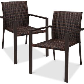 Best Choice Products Set of 2 Stackable Outdoor Wicker Dining Chairs All-Weather Firepit Armchair w/Armrests, Steel Frame for Patio, Deck, Garden, Yard - Black