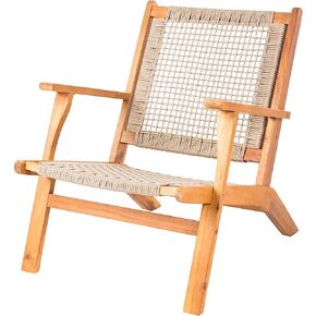 Patio Sense 62773 Vega Natural Stain Outdoor Chair Acacia Wood Construction Hand Woven Seat Mid Century Design Comfortable Reclining Armchair Patio Lawn Garden Backyard Deck - Ecru Cording