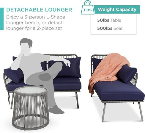 Best Choice Products Outdoor Rope Woven Sectional Patio Furniture L-Shaped Conversation Sofa Set for Backyard, Porch w/Thick Cushions, Detachable Lounger, Side Table - Black in Saudi Arabia