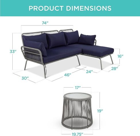 Best Choice Products Outdoor Rope Woven Sectional Patio Furniture L-Shaped Conversation Sofa Set for Backyard, Porch w/Thick Cushions, Detachable Lounger, Side Table - Black in Saudi Arabia