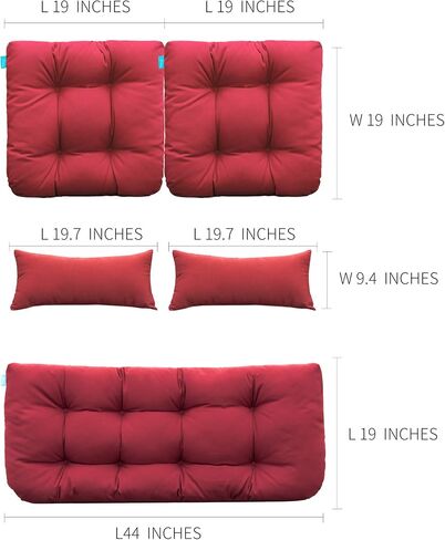 وسائد مقعد من الخيزران للفناء الخارجي من QILLOWAY مجموعة Loveseat / وسادتان على شكل حرف U / وسادتان قطنيتان لأثاث الفناء، مقعد Wicker Loveseat، مقاعد البدلاء، الشرفة، جميع الأحوال الجوية، أريكة من 5 (أحمر) in Kuwait