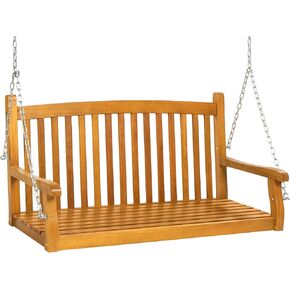 Best Choice Products 48in Wood Porch Swing Outdoor Patio Hanging Bench Chair Furniture for Deck, Garden, Yard w/Mounting Chains, Curved Back Design, 500lb Weight Capacity - Brown