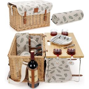 Wicker Picnic Basket for 2 with Detachable Table, Elasticated Wine Holder, Shoulder Carrying Willow Picnic Hamper Set with Premium Tableware & Blanket for Outdoor, Wedding, Anniversary, Birthday Gift