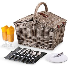 PICNIC TIME Piccadilly Picnic Basket, Romantic Picnic Basket for 2 with Picnic Set - Includes Utensil Set, Glasses, Plates, and Wine Opener, (Anthology Collection - Gray with Gold Accents)