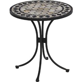 Home Styles 27.5" Black Powder Coated Steel Bistro Table and Alpine 3-Piece Tan Mosaic Bistro Set with Folding Chairs