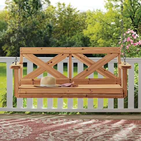 Backyard Discovery Durable Cedar Farmhouse Outdoor Porch Swing with Chain, Water Resistant, Porch, Patio, Two Person Seating, 600 Lb Weight Capacity, with 4.6 ft. Seat Width in Kuwait