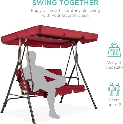 Best Choice Products 2-Person Outdoor Patio Swing Chair, Hanging Glider Porch Bench for Garden, Poolside, Backyard w/Convertible Canopy, Adjustable Shade, Removable Cushions - Burgundy in Kuwait