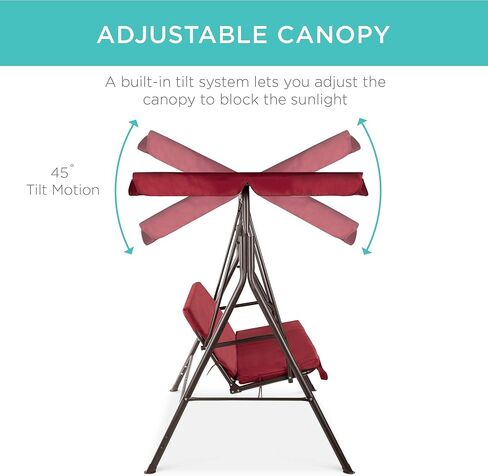 Best Choice Products 2-Person Outdoor Patio Swing Chair, Hanging Glider Porch Bench for Garden, Poolside, Backyard w/Convertible Canopy, Adjustable Shade, Removable Cushions - Burgundy in Kuwait