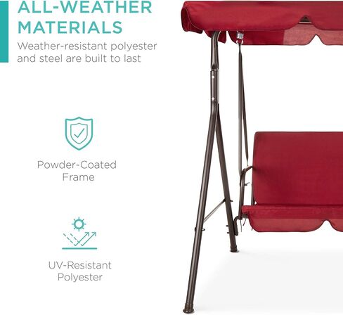 Best Choice Products 2-Person Outdoor Patio Swing Chair, Hanging Glider Porch Bench for Garden, Poolside, Backyard w/Convertible Canopy, Adjustable Shade, Removable Cushions - Burgundy in Kuwait