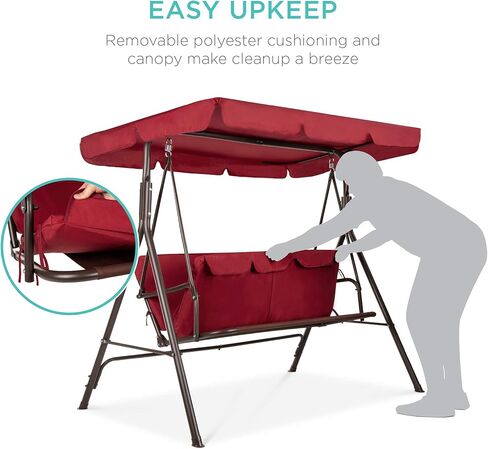 Best Choice Products 2-Person Outdoor Patio Swing Chair, Hanging Glider Porch Bench for Garden, Poolside, Backyard w/Convertible Canopy, Adjustable Shade, Removable Cushions - Burgundy in Kuwait
