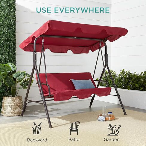 Best Choice Products 2-Person Outdoor Patio Swing Chair, Hanging Glider Porch Bench for Garden, Poolside, Backyard w/Convertible Canopy, Adjustable Shade, Removable Cushions - Burgundy in Kuwait