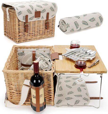 Wicker Picnic Basket for 2 with Detachable Table, Elasticated Wine Holder, Shoulder Carrying Willow Picnic Hamper Set with Premium Tableware & Blanket for Outdoor, Wedding, Anniversary, Birthday Gift in Kuwait