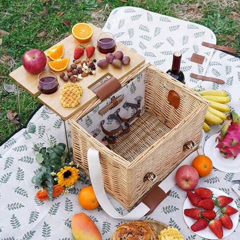 Wicker Picnic Basket for 2 with Detachable Table, Elasticated Wine Holder, Shoulder Carrying Willow Picnic Hamper Set with Premium Tableware & Blanket for Outdoor, Wedding, Anniversary, Birthday Gift in Kuwait