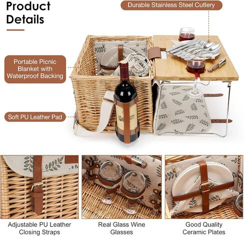 Wicker Picnic Basket for 2 with Detachable Table, Elasticated Wine Holder, Shoulder Carrying Willow Picnic Hamper Set with Premium Tableware & Blanket for Outdoor, Wedding, Anniversary, Birthday Gift in Kuwait