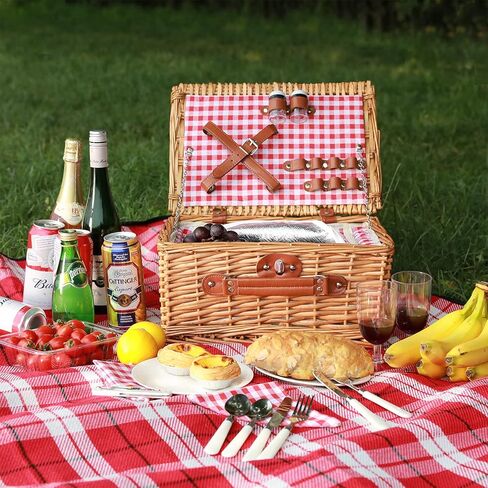 Wicker Picnic Basket for 2 Person, Willow Hamper Basket Sets with Insulated Compartment, Handmade 2 Person Picnic Basket Classical Green Stripe with Utensils Cutlery Perfect for Picnic, Camping in Saudi Arabia