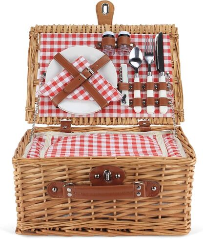 Wicker Picnic Basket for 2 Person, Willow Hamper Basket Sets with Insulated Compartment, Handmade 2 Person Picnic Basket Classical Green Stripe with Utensils Cutlery Perfect for Picnic, Camping in Saudi Arabia