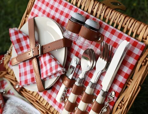 Wicker Picnic Basket for 2 Person, Willow Hamper Basket Sets with Insulated Compartment, Handmade 2 Person Picnic Basket Classical Green Stripe with Utensils Cutlery Perfect for Picnic, Camping in Saudi Arabia