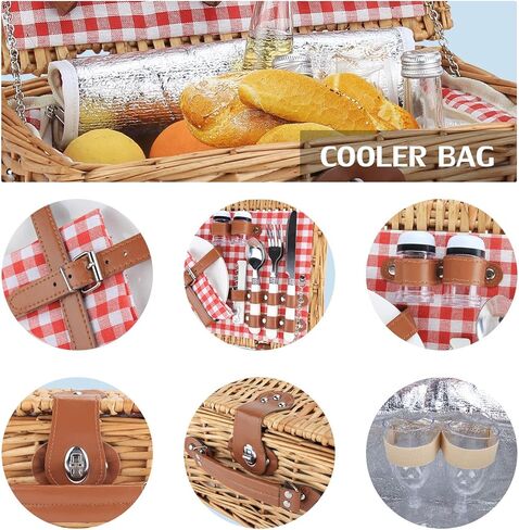 Wicker Picnic Basket for 2 Person, Willow Hamper Basket Sets with Insulated Compartment, Handmade 2 Person Picnic Basket Classical Green Stripe with Utensils Cutlery Perfect for Picnic, Camping in Saudi Arabia