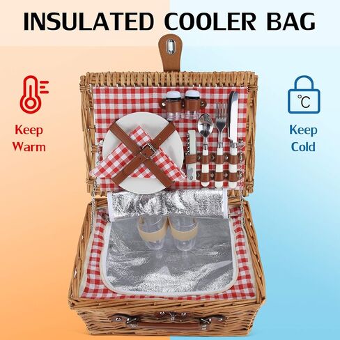 Wicker Picnic Basket for 2 Person, Willow Hamper Basket Sets with Insulated Compartment, Handmade 2 Person Picnic Basket Classical Green Stripe with Utensils Cutlery Perfect for Picnic, Camping in Saudi Arabia