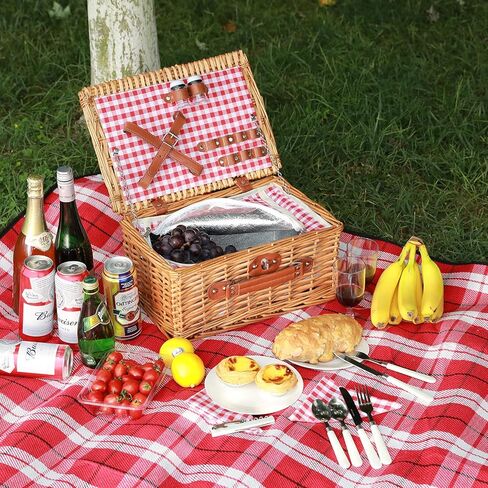 Wicker Picnic Basket for 2 Person, Willow Hamper Basket Sets with Insulated Compartment, Handmade 2 Person Picnic Basket Classical Green Stripe with Utensils Cutlery Perfect for Picnic, Camping in Saudi Arabia