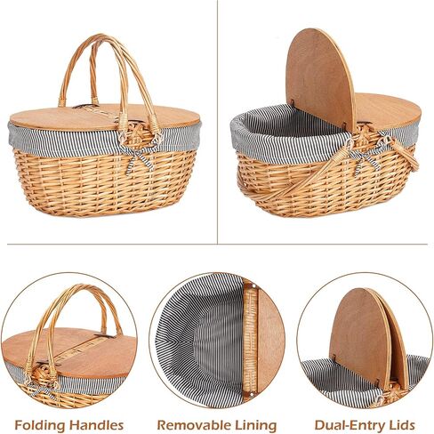 Zormy 12" Light Picnic Basket - Small Wicker Basket with Handle Lid & Removable Lining, Cute Toy Basket for Kids, Gift Basket Empty for Halloween, Christmas, Valentines, Easter, Birthday - Cream in Saudi Arabia