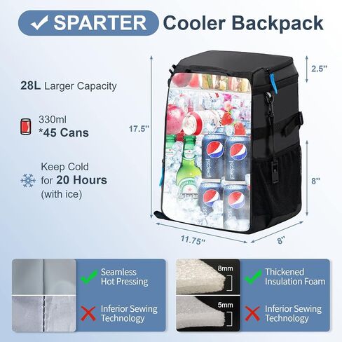 SPARTER Backpack Cooler Insulated 33/49 Can Leakproof Waterproof Bag Beach | 20H Double Compartments Multi Pockets Bottle Opener Water Resistant Lightweight Padded Strap Picnic Hiking Camping Men Women in Kuwait