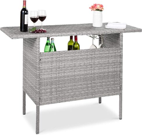 Best Choice Products Outdoor Patio Wicker Bar Counter Table Backyard Furniture w/ 2 Steel Shelves and 2 Sets of Rails - Brown in Kuwait