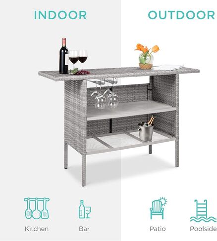 Best Choice Products Outdoor Patio Wicker Bar Counter Table Backyard Furniture w/ 2 Steel Shelves and 2 Sets of Rails - Brown in Kuwait