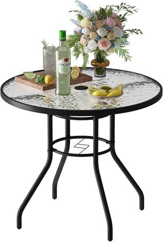 Kerrogee 32'' Outdoor Patio Table, Bistro Table with Tempered Glass Table Top and Umbrella Hole Steel Frame Outdoor Furniture Party Conversation Coffee Table for Garden Backyard Balcony Lawn in Kuwait