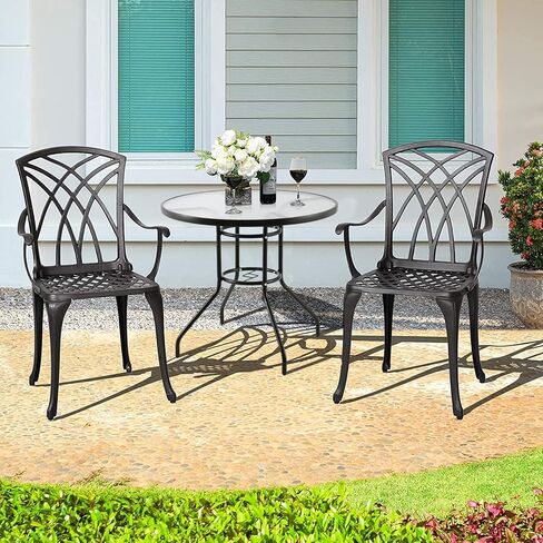 Kerrogee 32'' Outdoor Patio Table, Bistro Table with Tempered Glass Table Top and Umbrella Hole Steel Frame Outdoor Furniture Party Conversation Coffee Table for Garden Backyard Balcony Lawn in Kuwait
