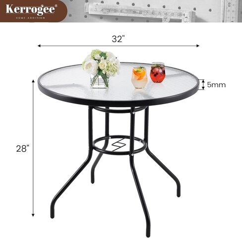 Kerrogee 32'' Outdoor Patio Table, Bistro Table with Tempered Glass Table Top and Umbrella Hole Steel Frame Outdoor Furniture Party Conversation Coffee Table for Garden Backyard Balcony Lawn in Kuwait