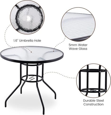 Kerrogee 32'' Outdoor Patio Table, Bistro Table with Tempered Glass Table Top and Umbrella Hole Steel Frame Outdoor Furniture Party Conversation Coffee Table for Garden Backyard Balcony Lawn in Kuwait