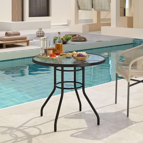 Kerrogee 32'' Outdoor Patio Table, Bistro Table with Tempered Glass Table Top and Umbrella Hole Steel Frame Outdoor Furniture Party Conversation Coffee Table for Garden Backyard Balcony Lawn in Kuwait