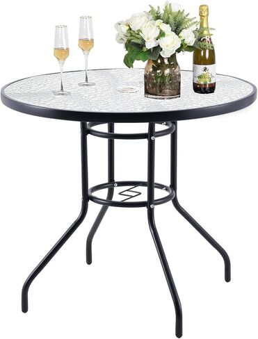 Kerrogee 32'' Outdoor Patio Table, Bistro Table with Tempered Glass Table Top and Umbrella Hole Steel Frame Outdoor Furniture Party Conversation Coffee Table for Garden Backyard Balcony Lawn in Kuwait