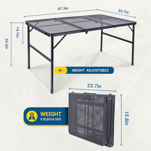 Nice C Table for Grill, Outdoor Table, Camping Table, Outdoor Cooking Table, Picnic Tables, Card Table Adjustable Height, Mesh Bag, Carry Handle (47.3" x 23.7“ x 14.7"/24.2“ Black) in Kuwait