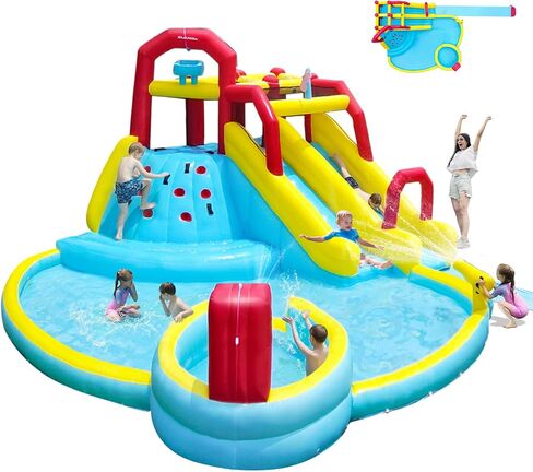 زحليقات مائية قابلة للنفخ 7 في 1 للاطفال والكبار مع منفاخ 750 واط، رذاذ مزدوج ومسبح عميق، جدار التسلق، بخاخ ماء، مسدس ماء للاستخدام الخارجي من ايليمارا in Kuwait