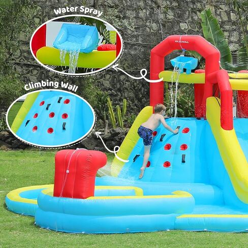 زحليقات مائية قابلة للنفخ 7 في 1 للاطفال والكبار مع منفاخ 750 واط، رذاذ مزدوج ومسبح عميق، جدار التسلق، بخاخ ماء، مسدس ماء للاستخدام الخارجي من ايليمارا in Kuwait
